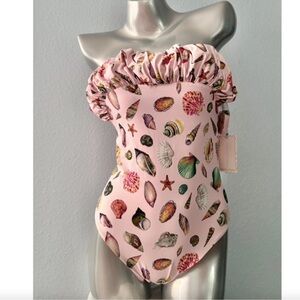 🐚 🩷 Antonio Melani Pink Seashell Print Strapless Swimsuit